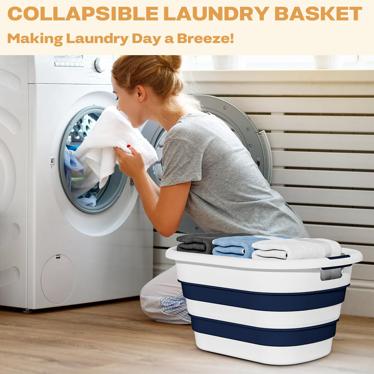 43L(11.5Gallon) Collapsible Laundry Baskets plastic (Blue, 2 Packs)