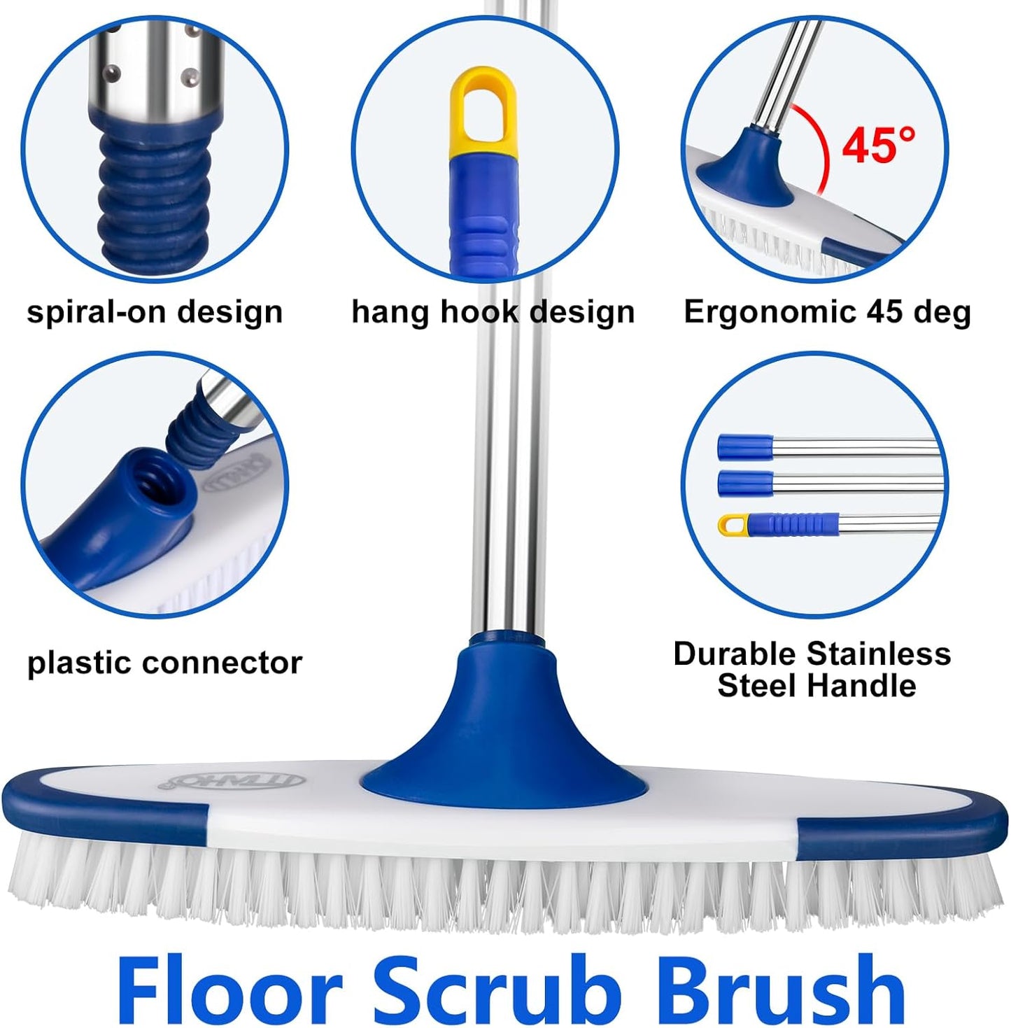 ITTAHO Floor Scrub Brush with Long Handle - 53" Deck & Grout Cleaner Brush Set for Tile, Marble