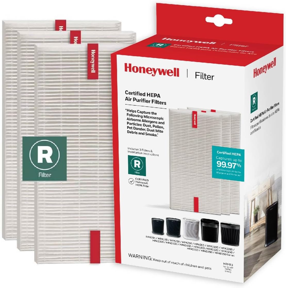 Honeywell HEPA Air Purifier Filter R, 3-Pack for HPA 100/200/300, 3000 and 5000 Series - Airborne