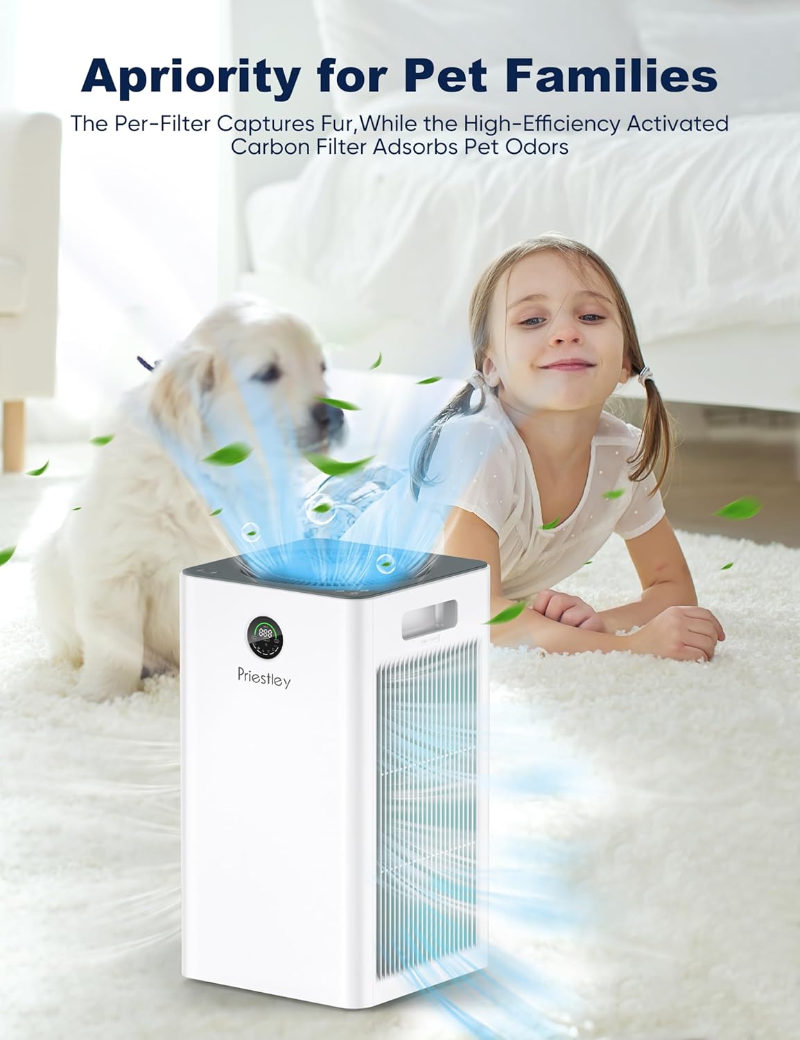 Priestley Air Purifiers for Home Large Room up to 1500 sq ft, Smart Control Air Purifier, True HEPA
