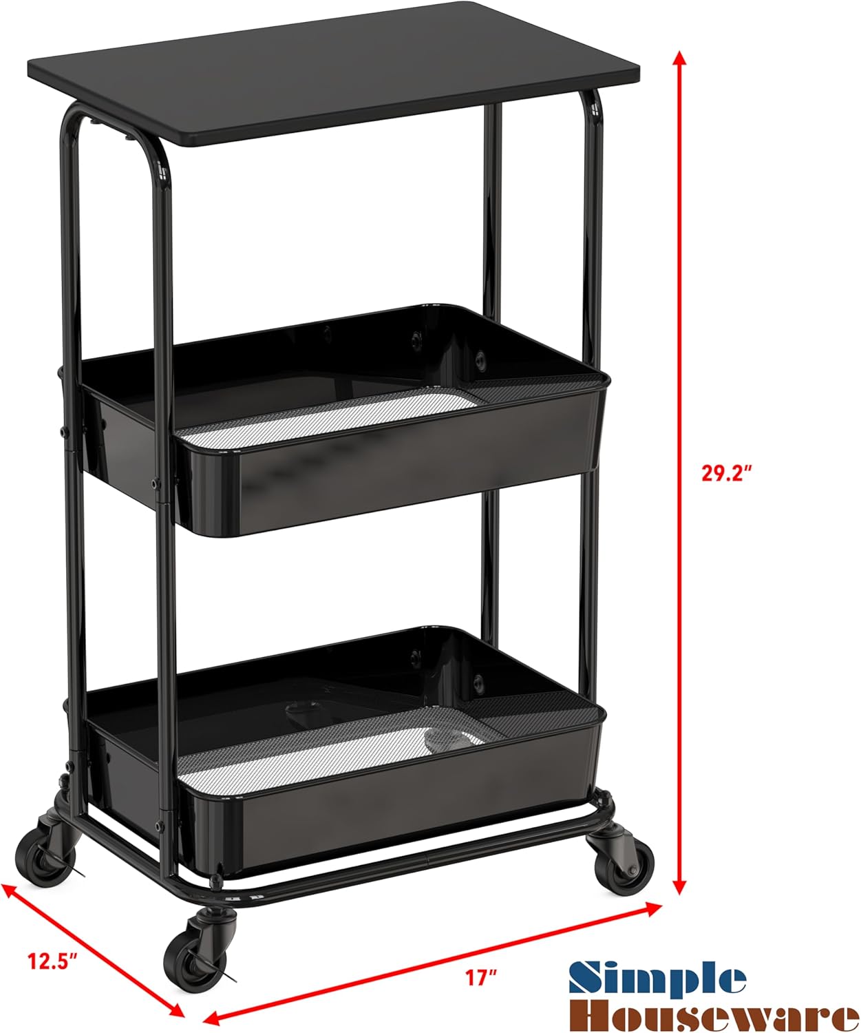 Simple Houseware 2-Tier Rolling Utility Cart with Lockable Wheels and Wood Top, Metal Storage
