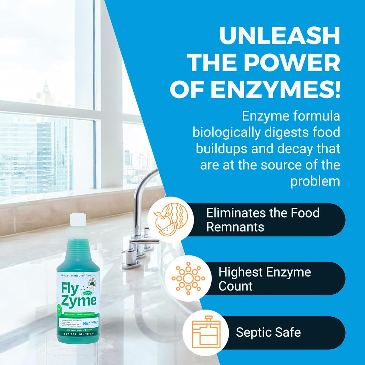 Kinzua Environmental Fly-Zyme, Highly Concentrated Enzyme Drain Cleaner for Pipes, Drain Gel for