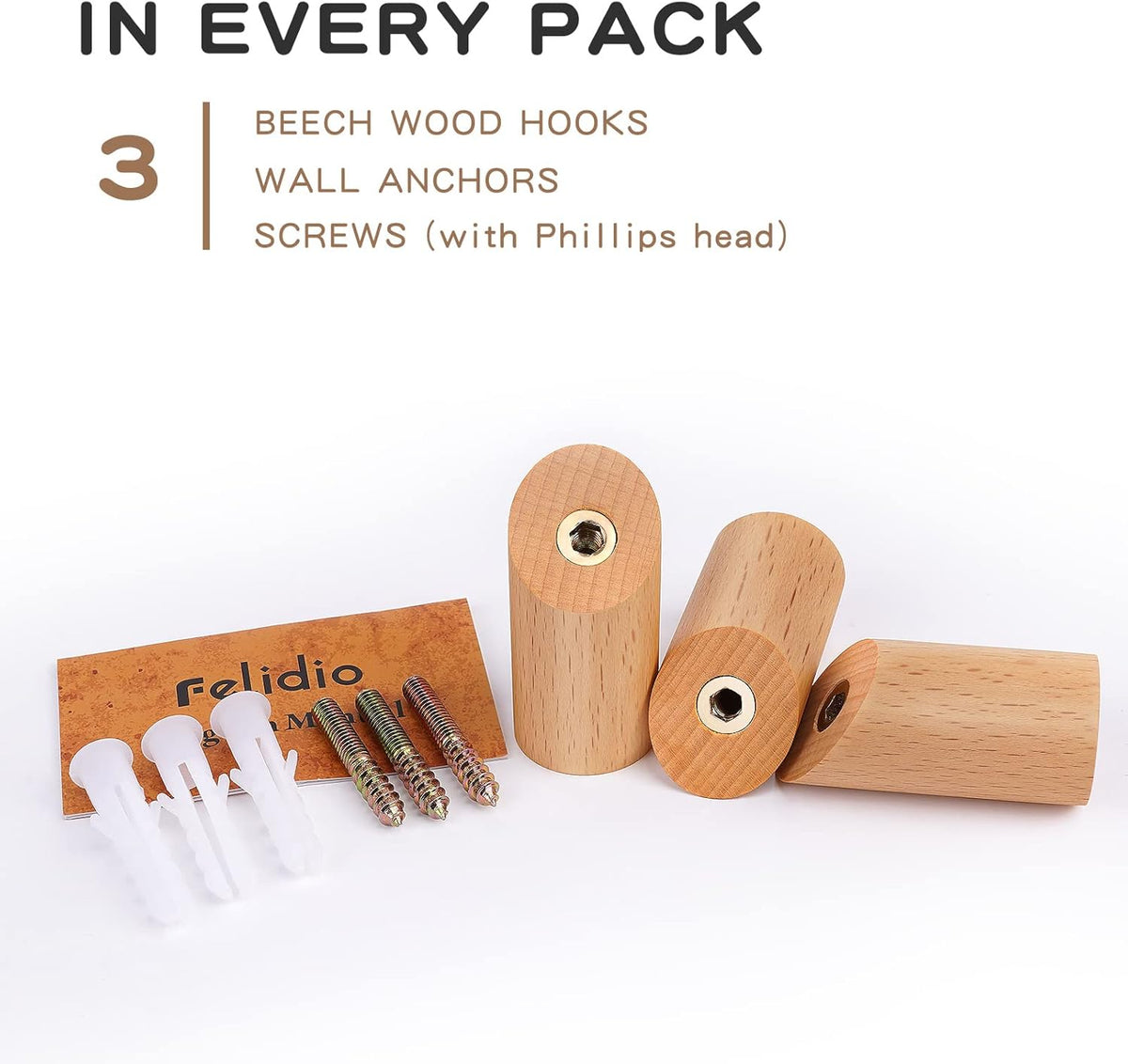 Wood Hooks, 3 Pack Wall Hooks Heavy Duty Rustic Coat Hooks Wall Mounted, Decorative Hooks for