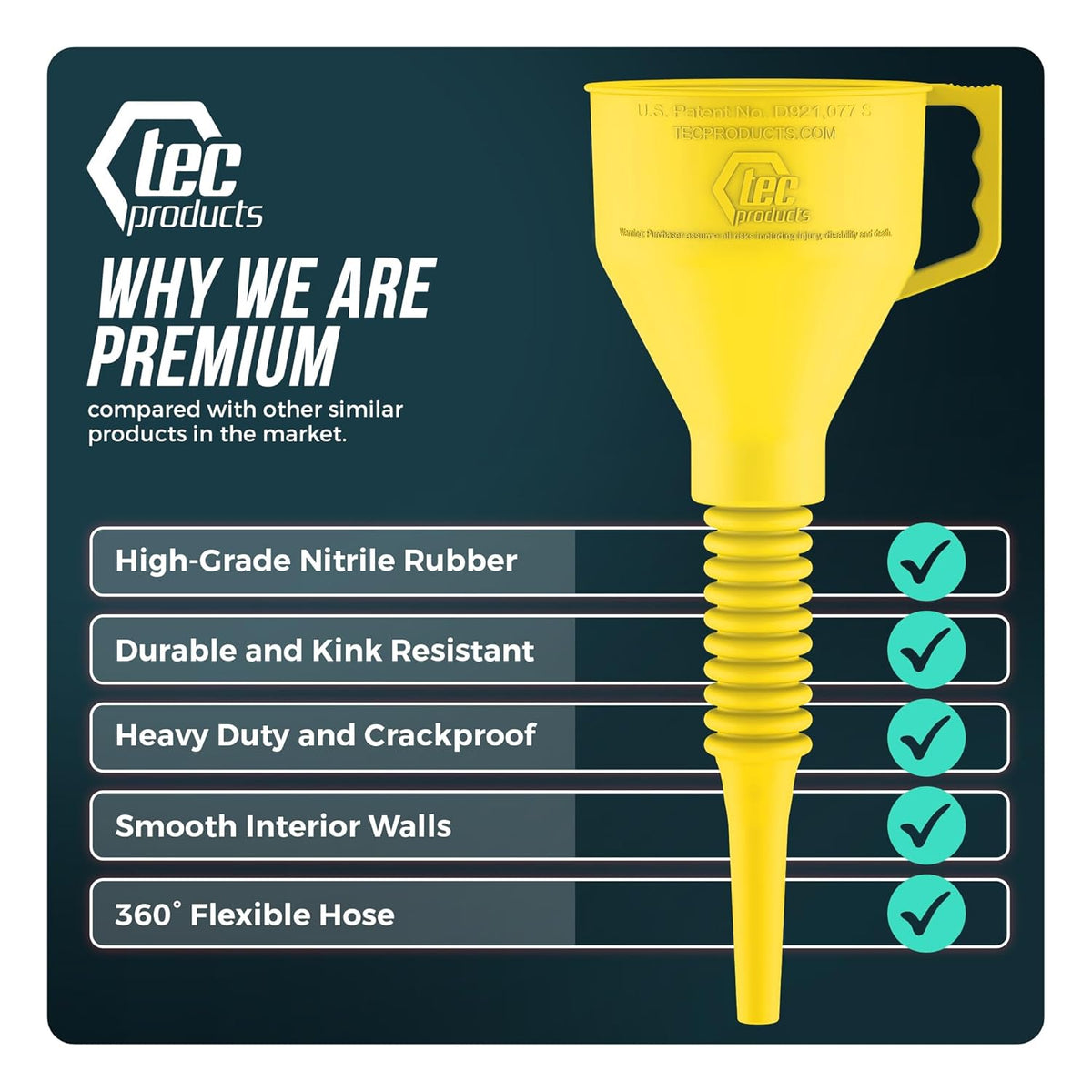 TEC Products FlexAll Long Flexible Funnel for Automotive Use - Durable Nitrile Rubber - Ideal for