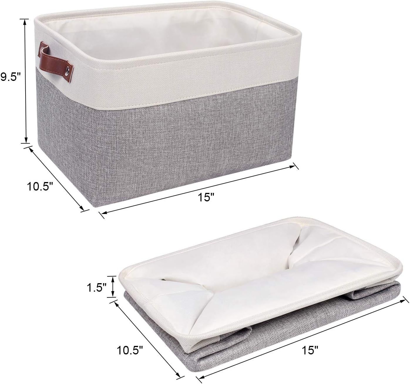 Univivi 15 inch Large Storage Baskets 4PC Gray Hard Bottom Foldable Storage Bins with PU Handles