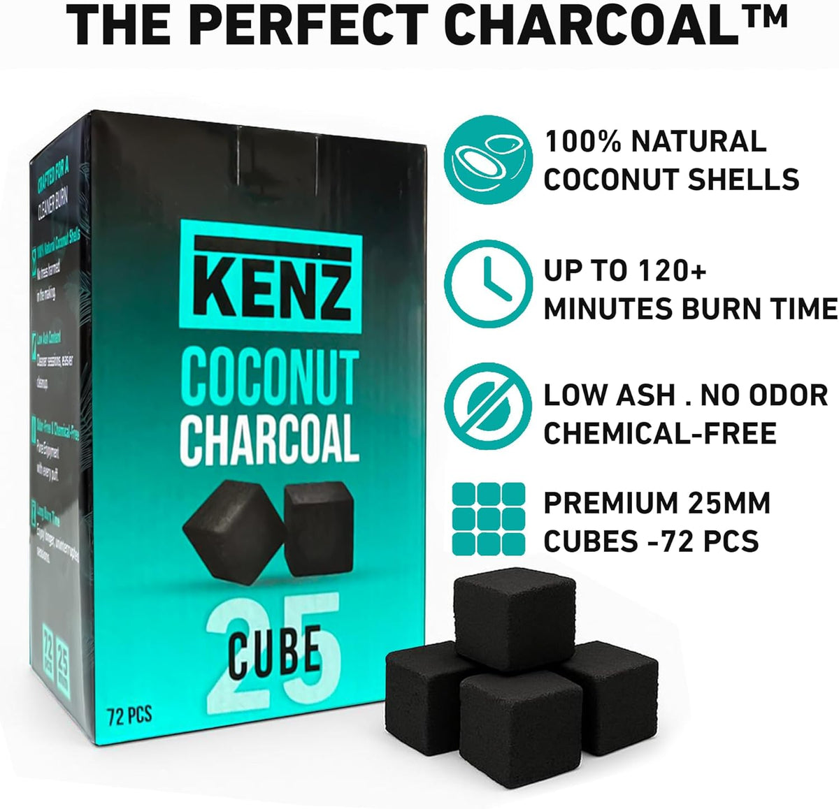 KENZ Charcoal Cubes, 25mm Low Ash Coconut Charcoal Briquettes, 100% Natural Coconut Shells