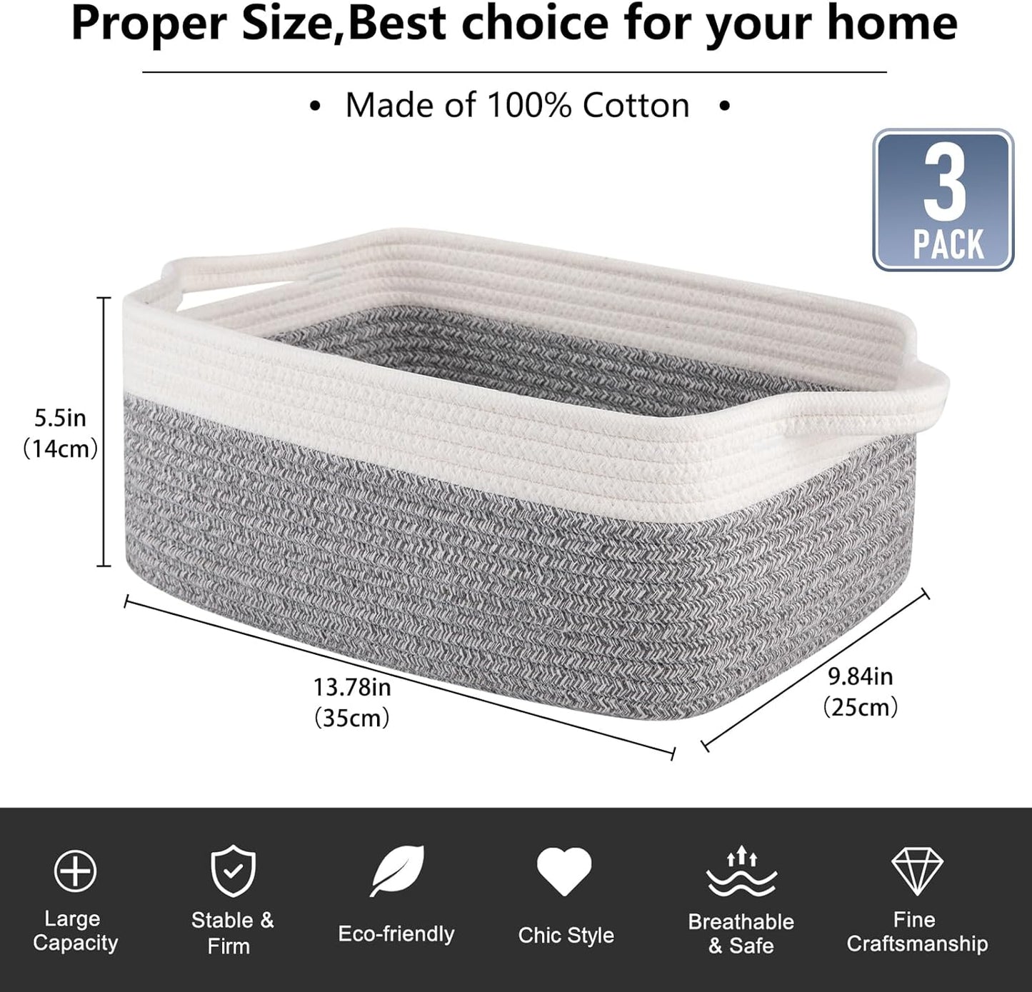 OIAHOMY 3 Pack Storage Baskets for Organizing, Woven Cotton Rope Basket for Shelves, Closet