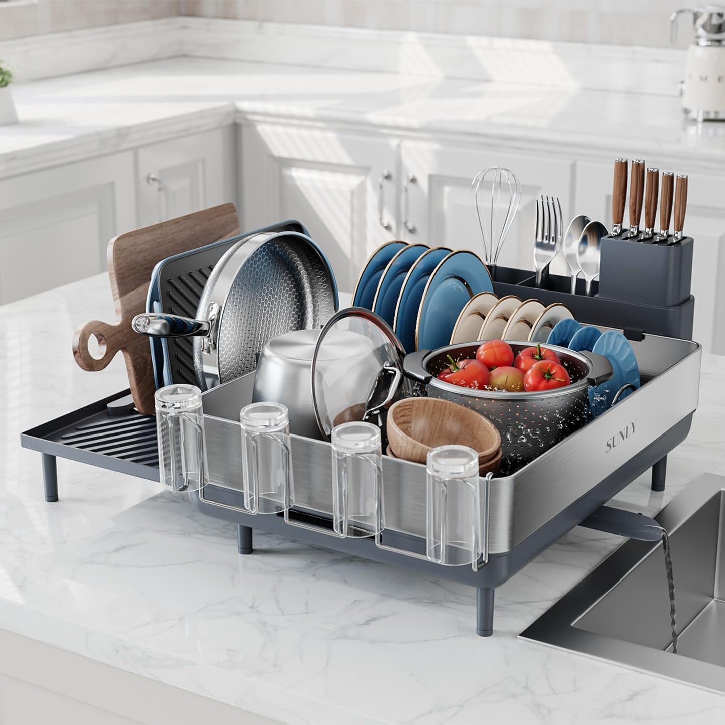 SUNLY Large Dish Drying Rack, Expandable Dish Racks for Kitchen Counter, Space Saving 304 Stainless