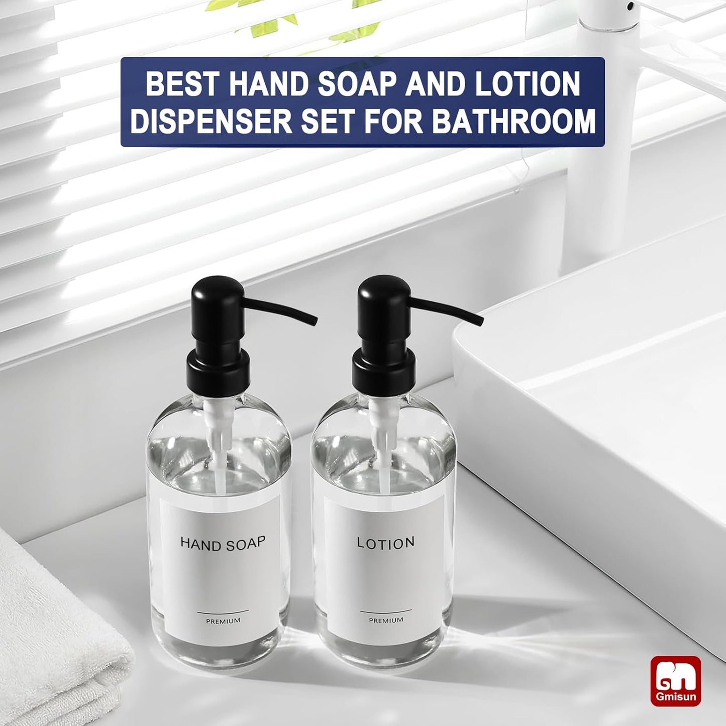 GMISUN Glass Soap Dispenser with Pump, 2 Pack Clear Bathroom Hand Soap Dispenser with Stainless