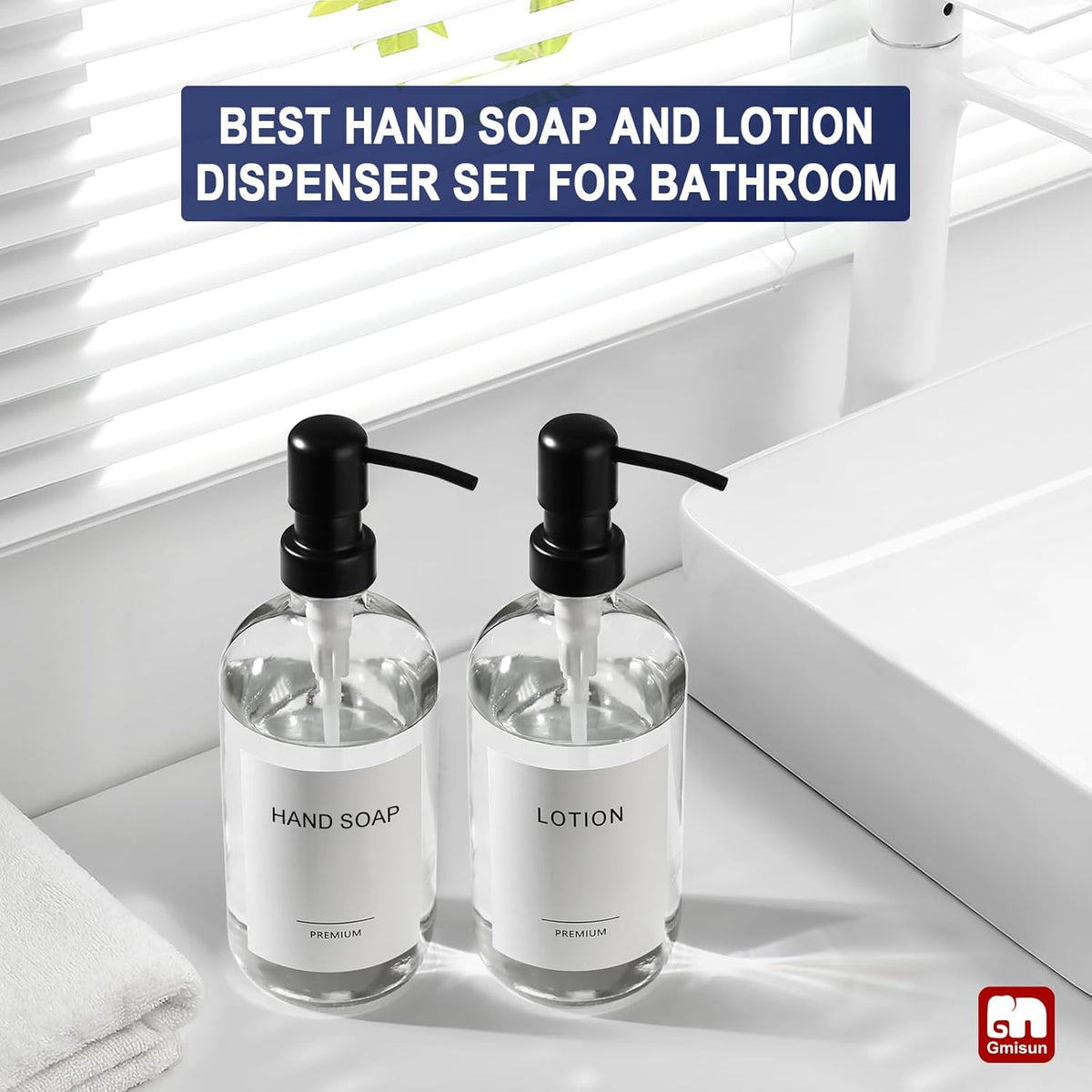 GMISUN Glass Soap Dispenser with Pump, 2 Pack Clear Bathroom Hand Soap Dispenser with Stainless