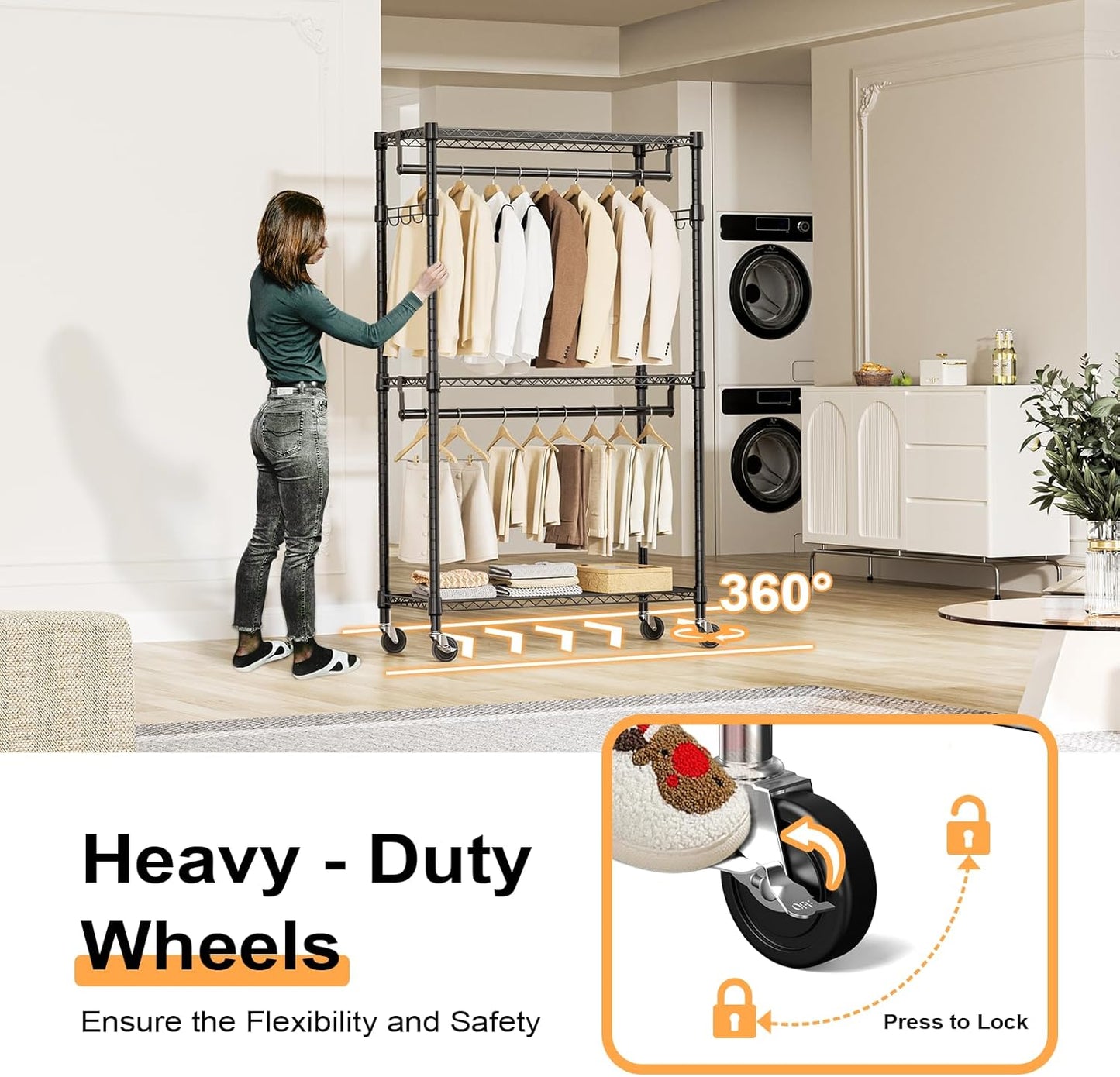 Heavy Duty Rolling Garment Rack 3 Tiers Adjustable Wire Shelving Clothes Rack with 2 Rods and Side