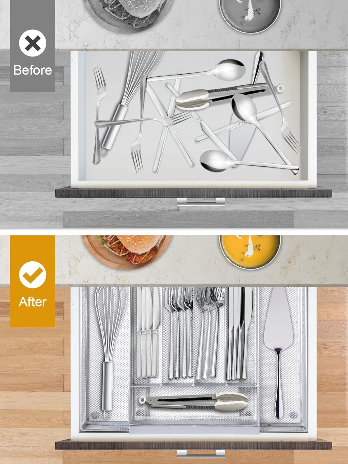 Silverware Organizer Metal Mesh, Drawer Organizer, Utensil Cutlery Tray Expandable Flatware