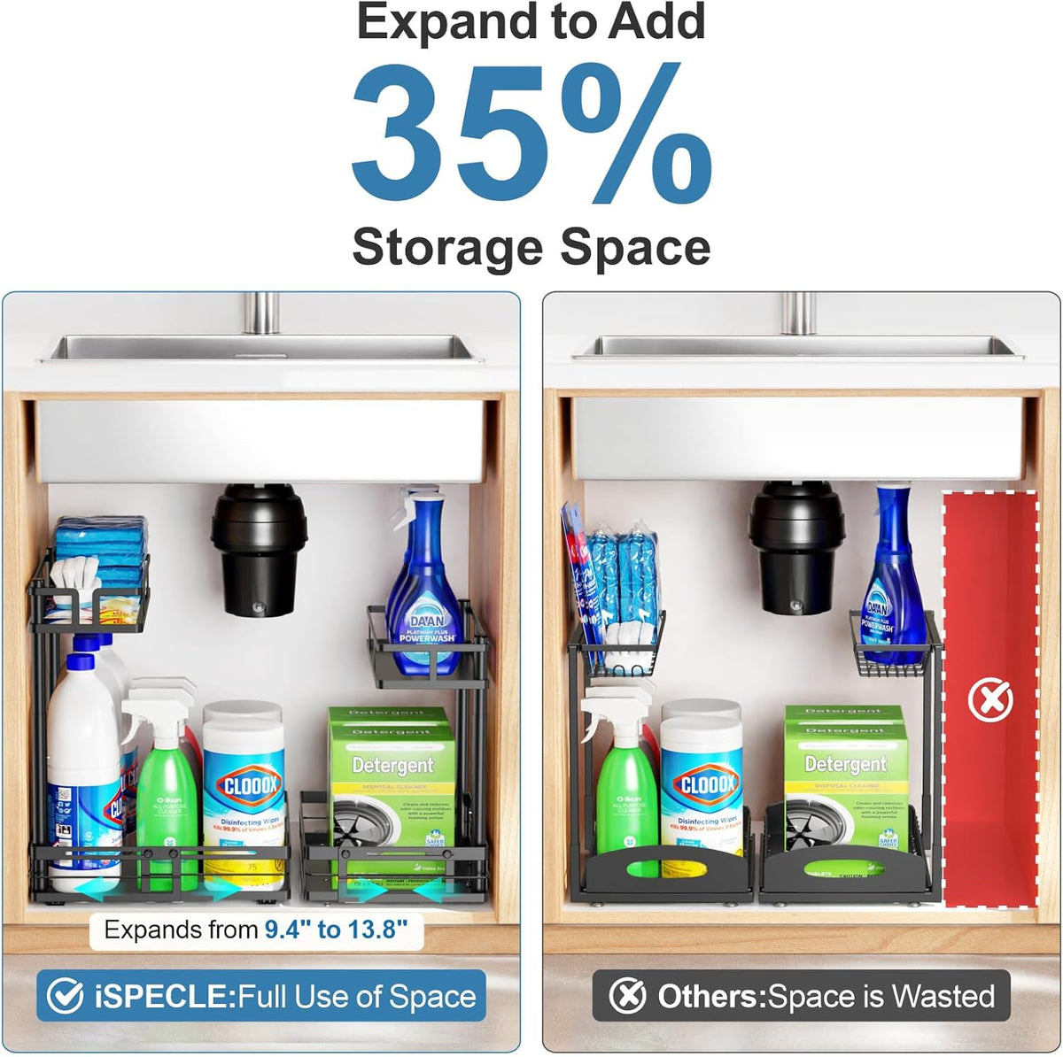 iSPECLE Under Sink Organizer - 2 Pack Under Kitchen Sink Pull Out Organizer Expandable Width Add