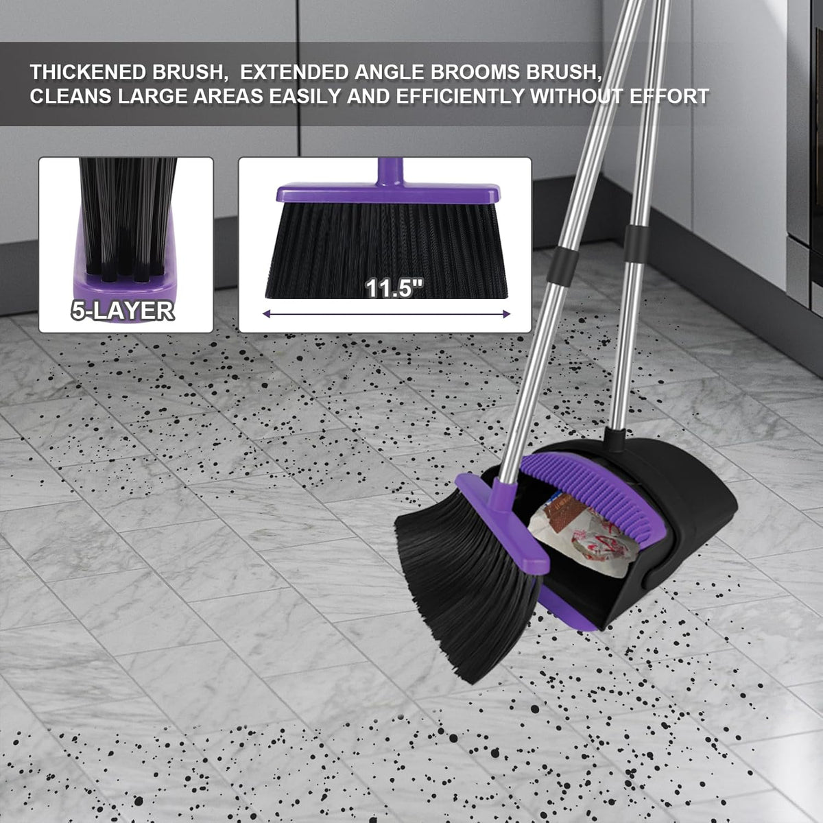 Broom with Dustpan Combo Set, 51" Household Dustpans and Broom, Standing Dust Pan Set for Home