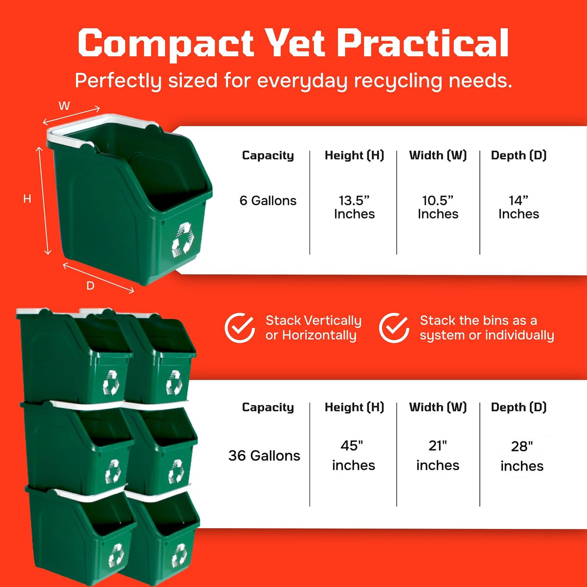 Multi Recycling Bin System with Three Stacking 6 Gallon Bins with Carrying Handles, Stackable and