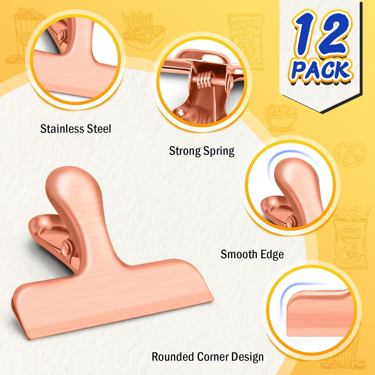VNDUEEY 12 Pack Stainless Steel Chip Bag Clips, Chip Clips for Food Bags, Air Tight Seal Bag Clip
