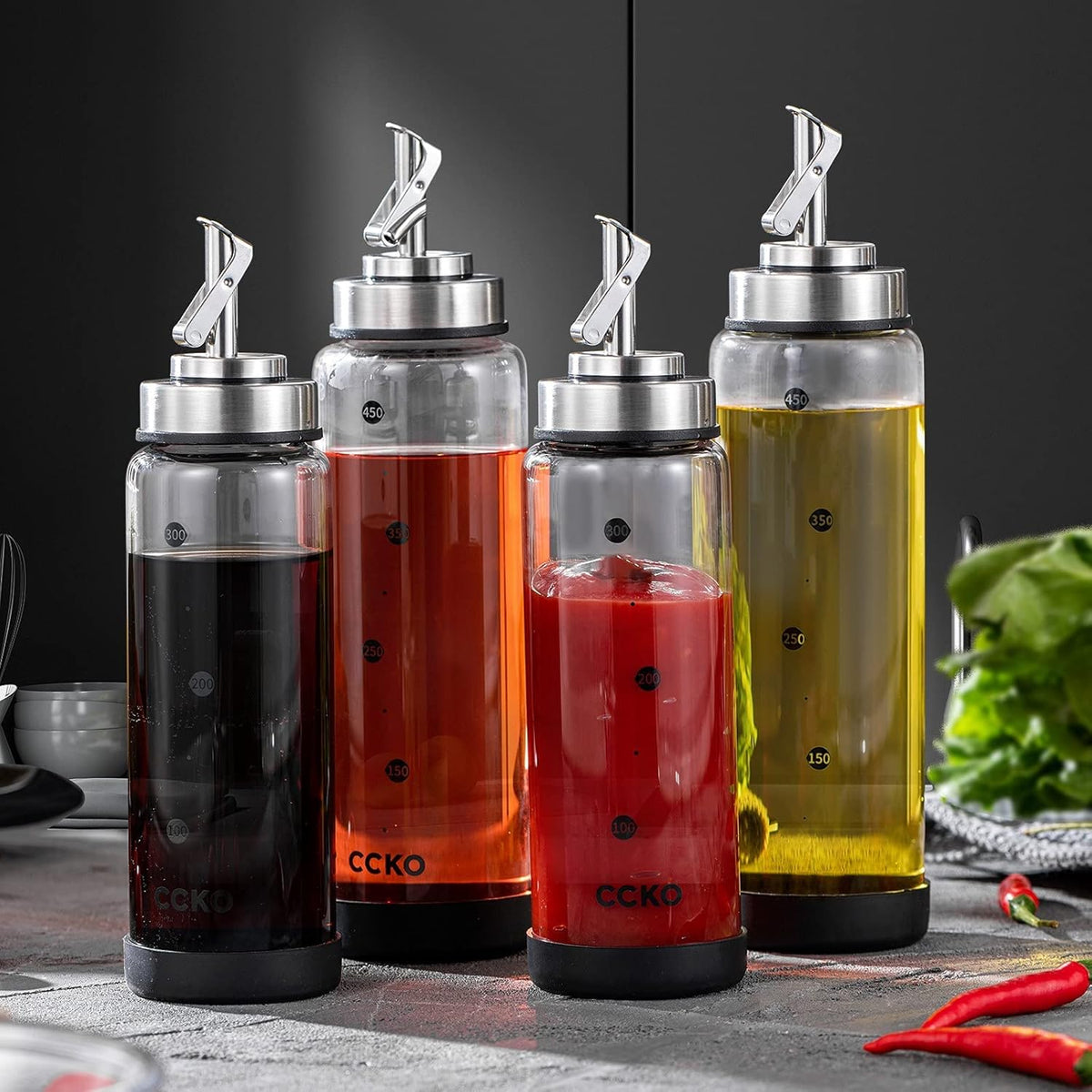 Glass Olive Oil Dispenser Bottle with Stainless Steel Spouts - Shatterproof 350ml Cooking Oil &