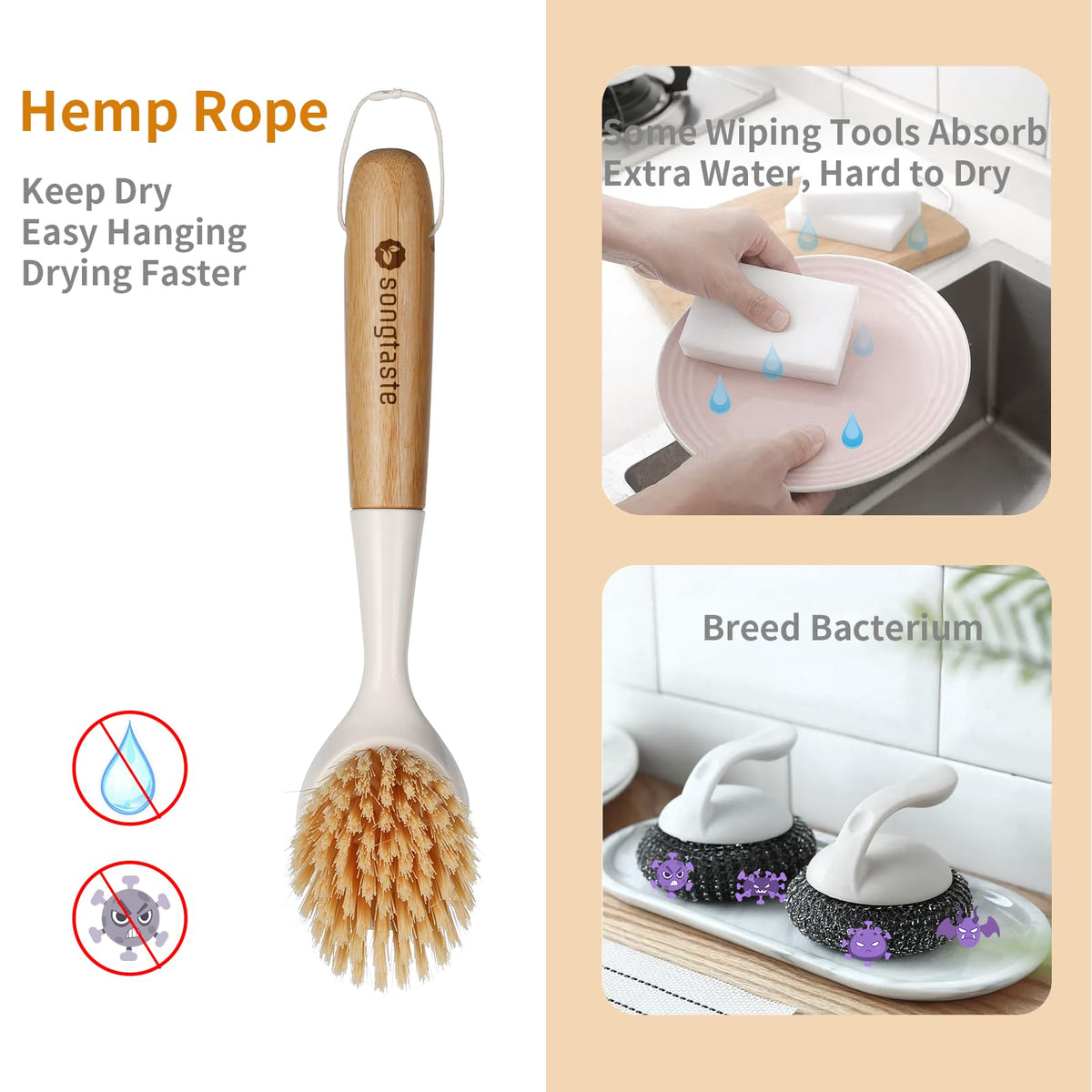 2 Pack Kitchen Dish Brush Bamboo Handle Dish Scrubber Built-in Scraper