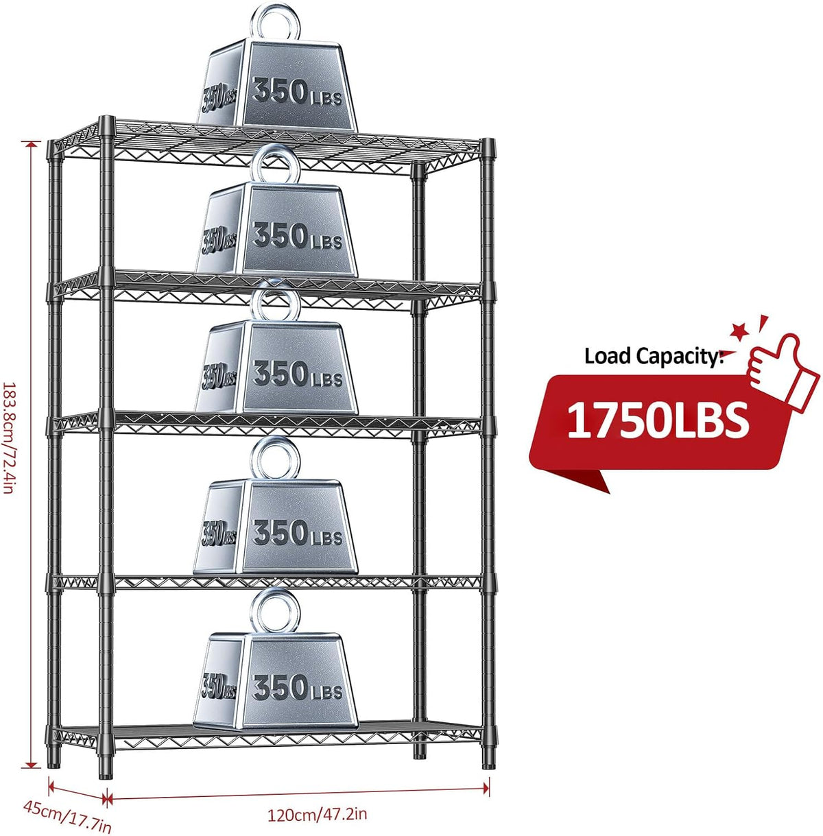 IZEUK 5-Tier Heavy Duty Metal Storage Shelving Unit (Black, 17.7" D x 47.2" W x 72.3" H, 1750 lbs