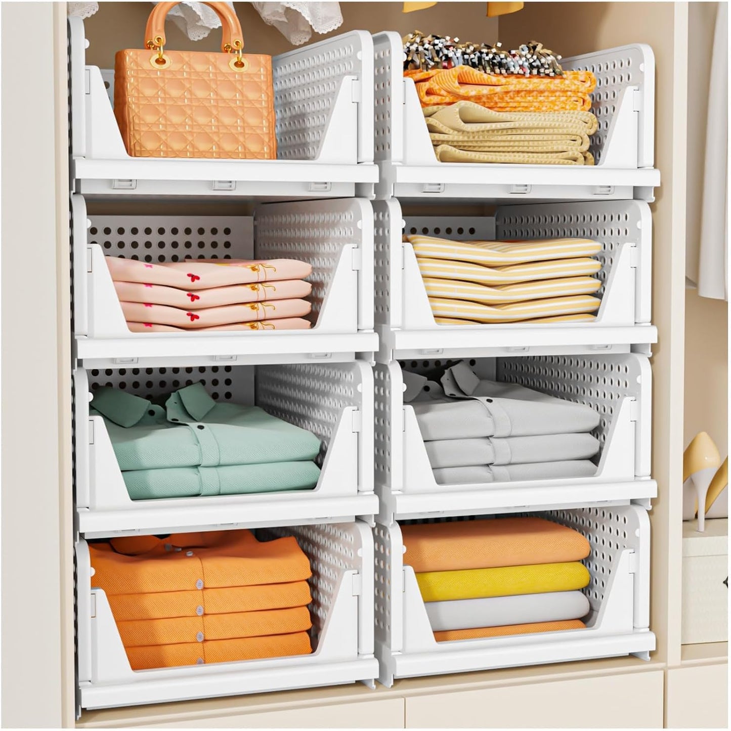 SNSLXH 5 Pack Stackable Closet Storage Basket, Multifunctional & Foldable Closet Organizer for