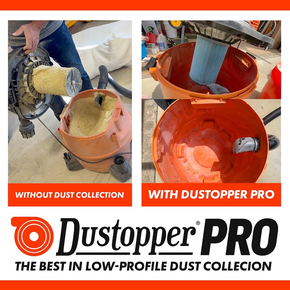 The Dustopper PRO, Low-Profile Dust Separator for Shop Wet/Dry Vacuums. Includes High-Flow 90
