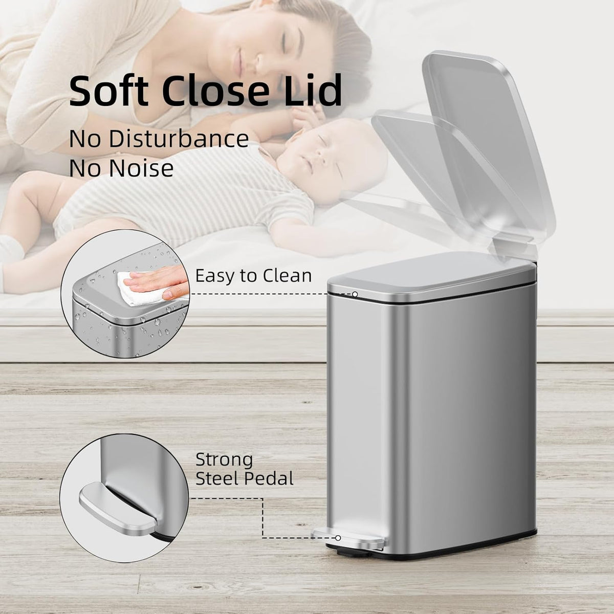 KUK Slim Bathroom Trash Can with Lid, 1.6 Gal / 6L Stainless Steel Small Garbage Bin with