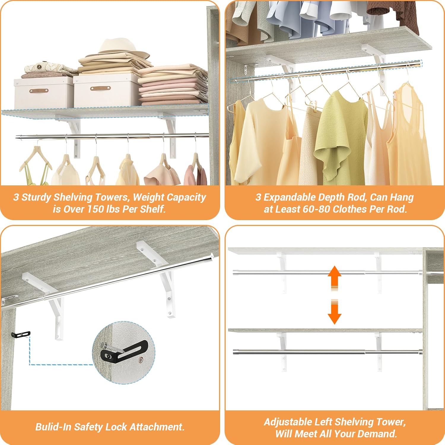 8FT Closet System with Shelves, 96'' Closet Organizer System with 3 Hanging Rods, Wall Mount