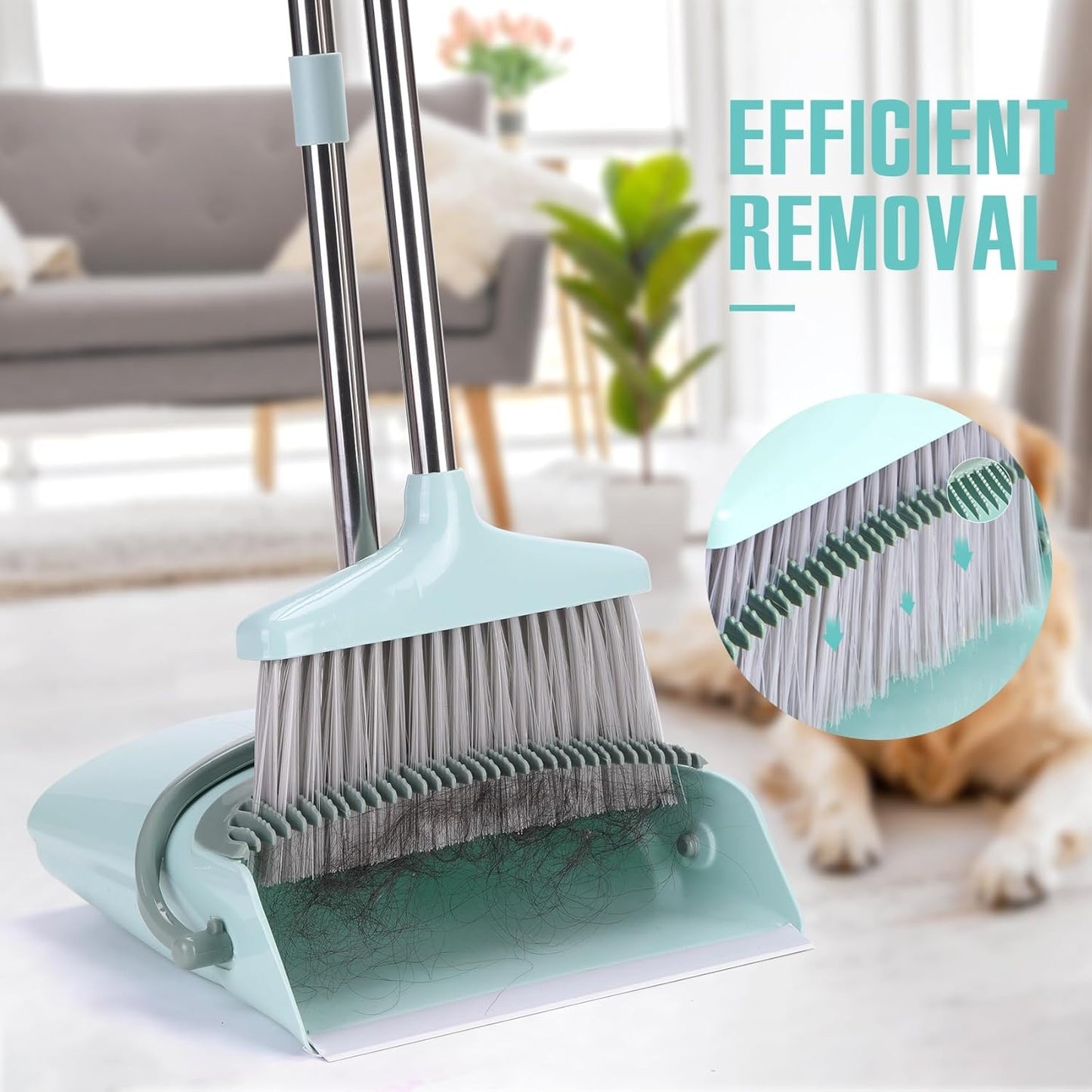 XXXFLOWER Broom and Dustpan Set with Cleaning Teeth, 55" Long Handle Indoor Sweeping Combo for Home