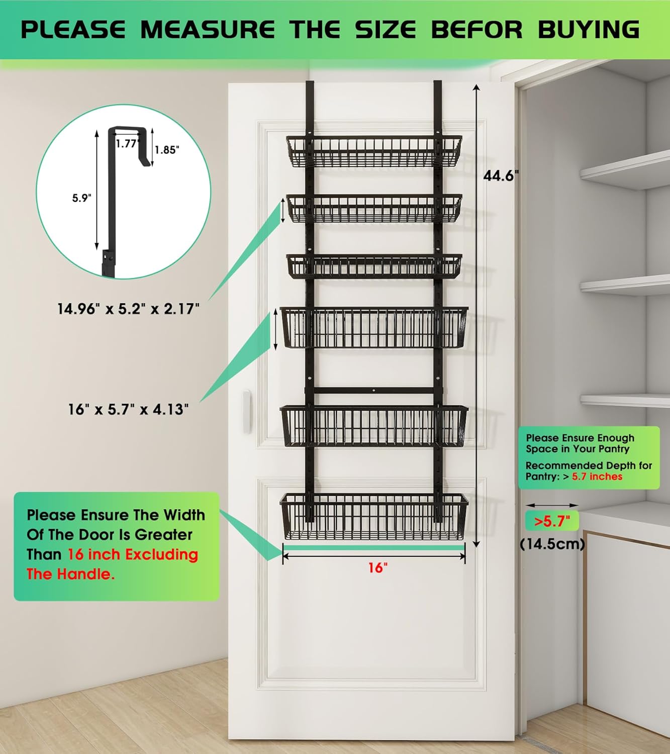 Over The Door Pantry Organizer, Pantry Organization and Storage, 6-Tier Deep Baskets Hanging