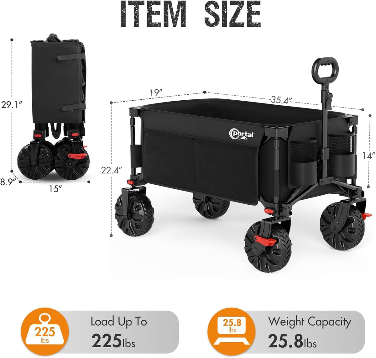 PORTAL Collapsible Wagon with Brakes, Heavy Duty Utility Cart with All-Terrain Wheels, Portable