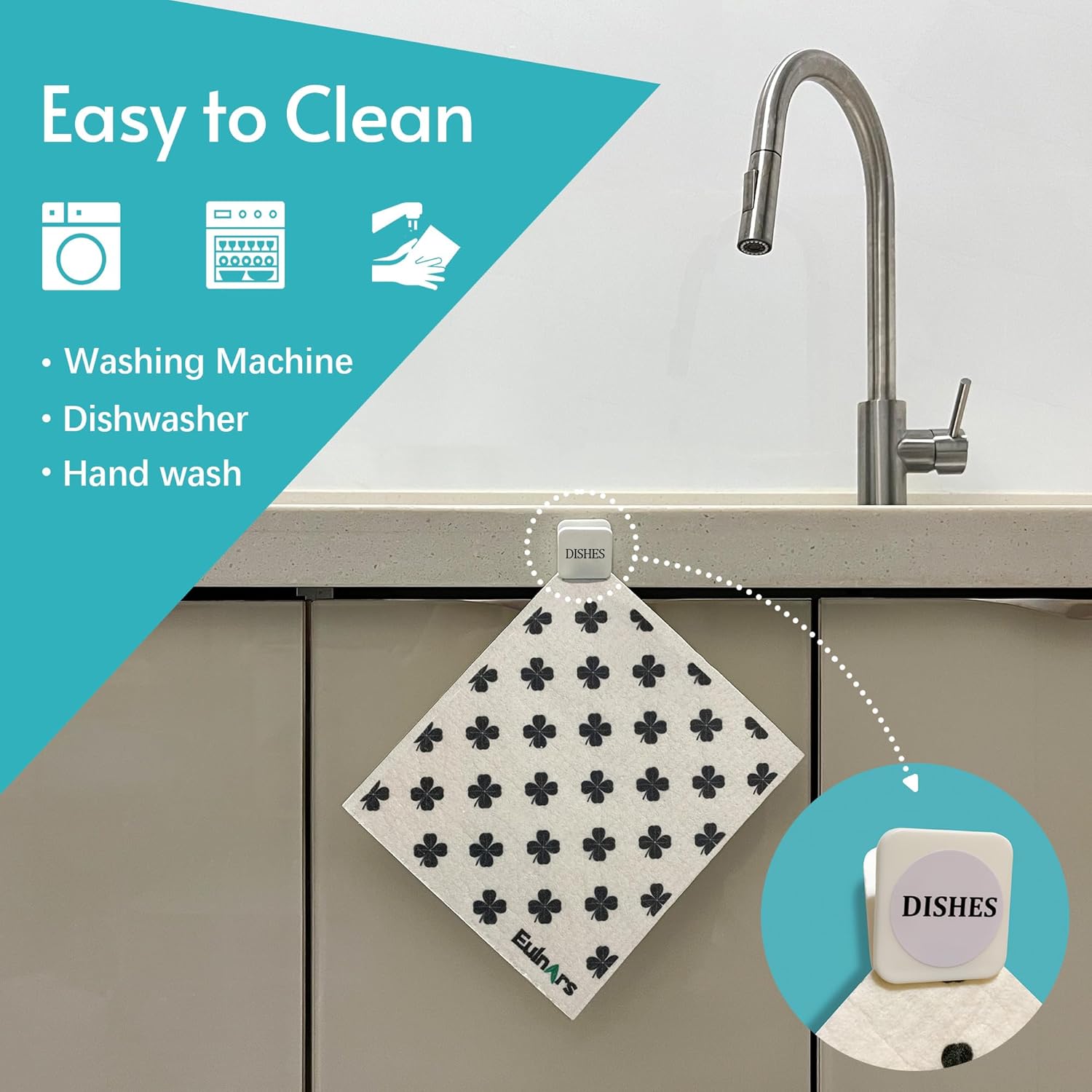 Reusable Paper Towels, 8-Pack Swedish Dishcloths for Kitchen with 3 Clips, Black White, Cotton, 200