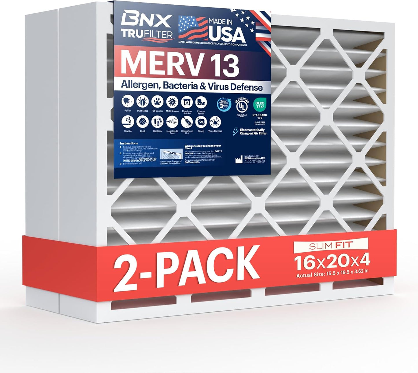 BNX TruFilter 16x20x4 (15.5’’ x 19.5’’ x 3.63‘’ Slim Fit) MERV 13 Air Filter (2-Pack) - MADE IN USA