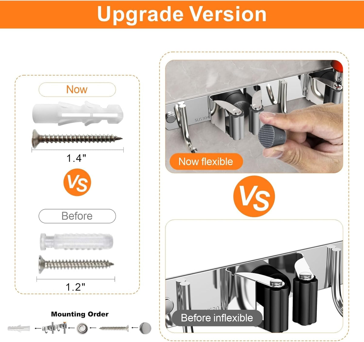 Mop and Broom Holder Wall Mount, Upgraded Broom Organizer Wall Mount, Stainless Steel Broom Hanger