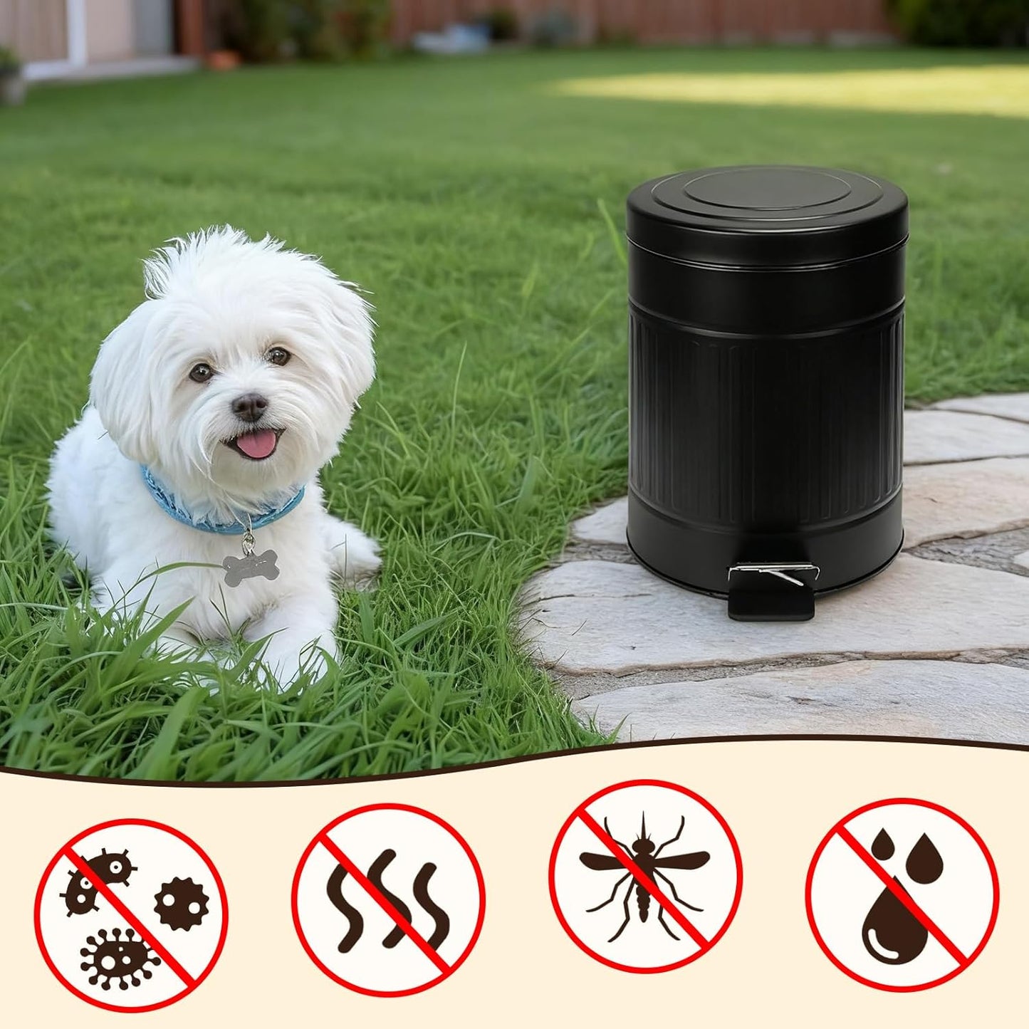 5L/1.3 Gal Dog Poop Trash Can with Lid - Stainless Steel Outdoor Pet Waste Bin, Step Pedal Soft