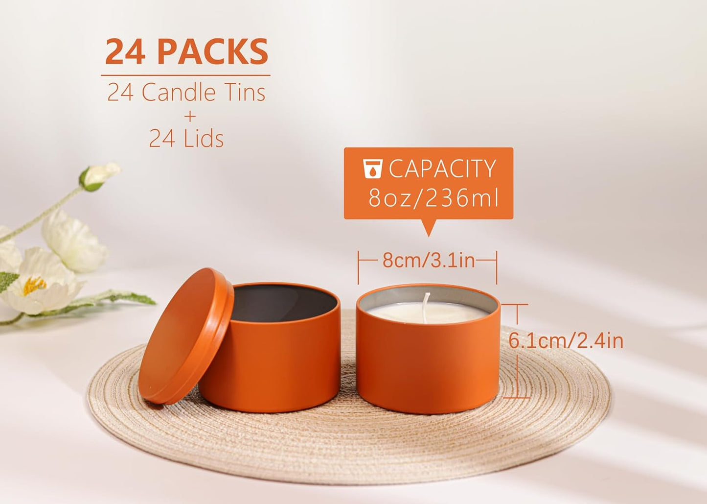 Aroparc Candle Tins 8oz with Lids, 24 Pack Seamless Candle Containers for Candle Making Supplies