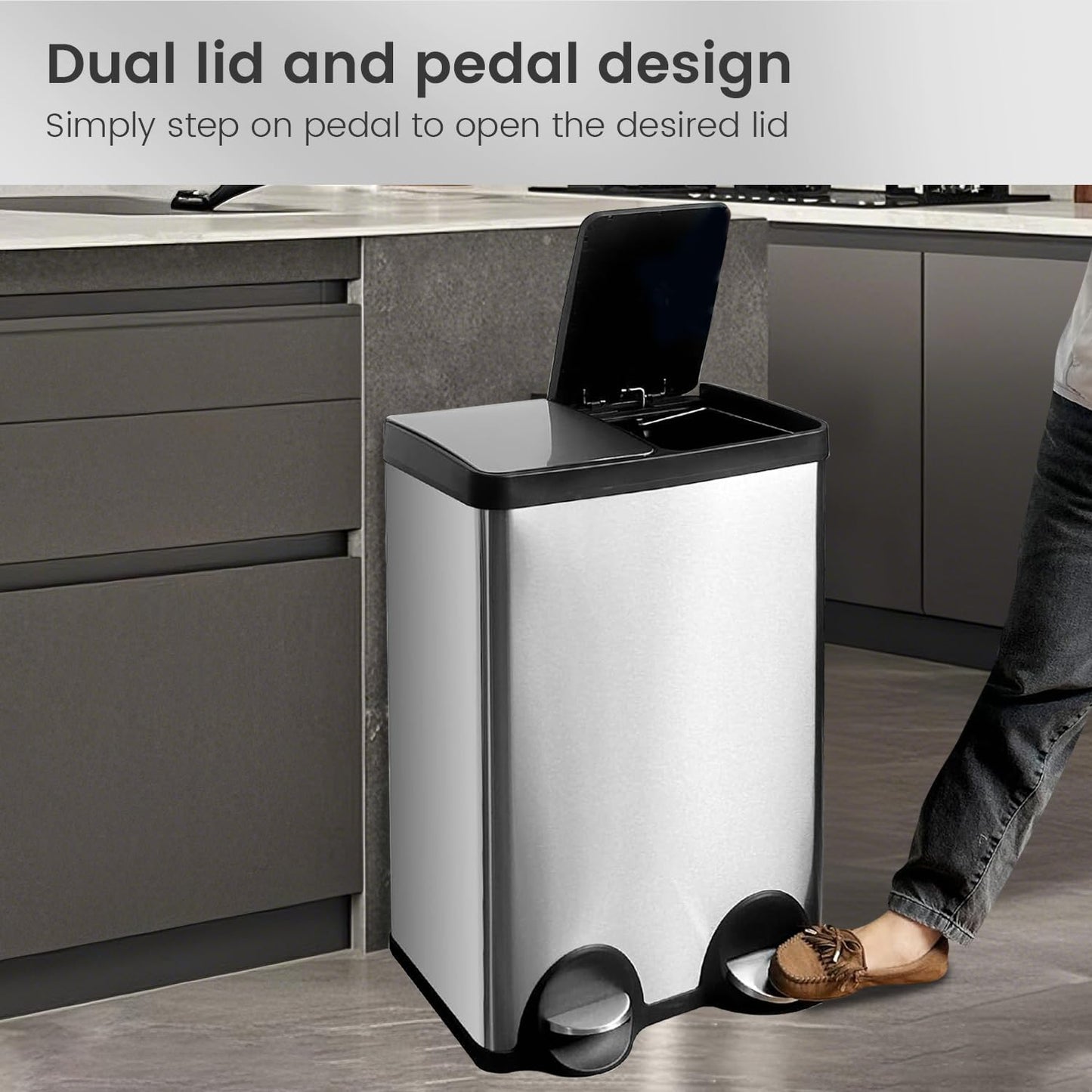 60 Liter (2x30L) 16 Gallon Dual Trash Can, Recycle Bins for Kitchen with 2 Compartments, Trash and