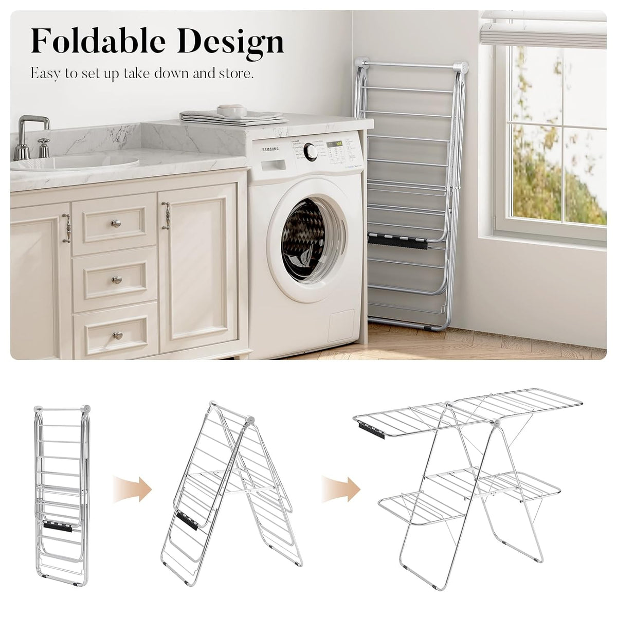 APEXCHASER Clothes Drying Rack with 4 Wings, Stainless Steel Drying Rack Clothing with Sock Clips
