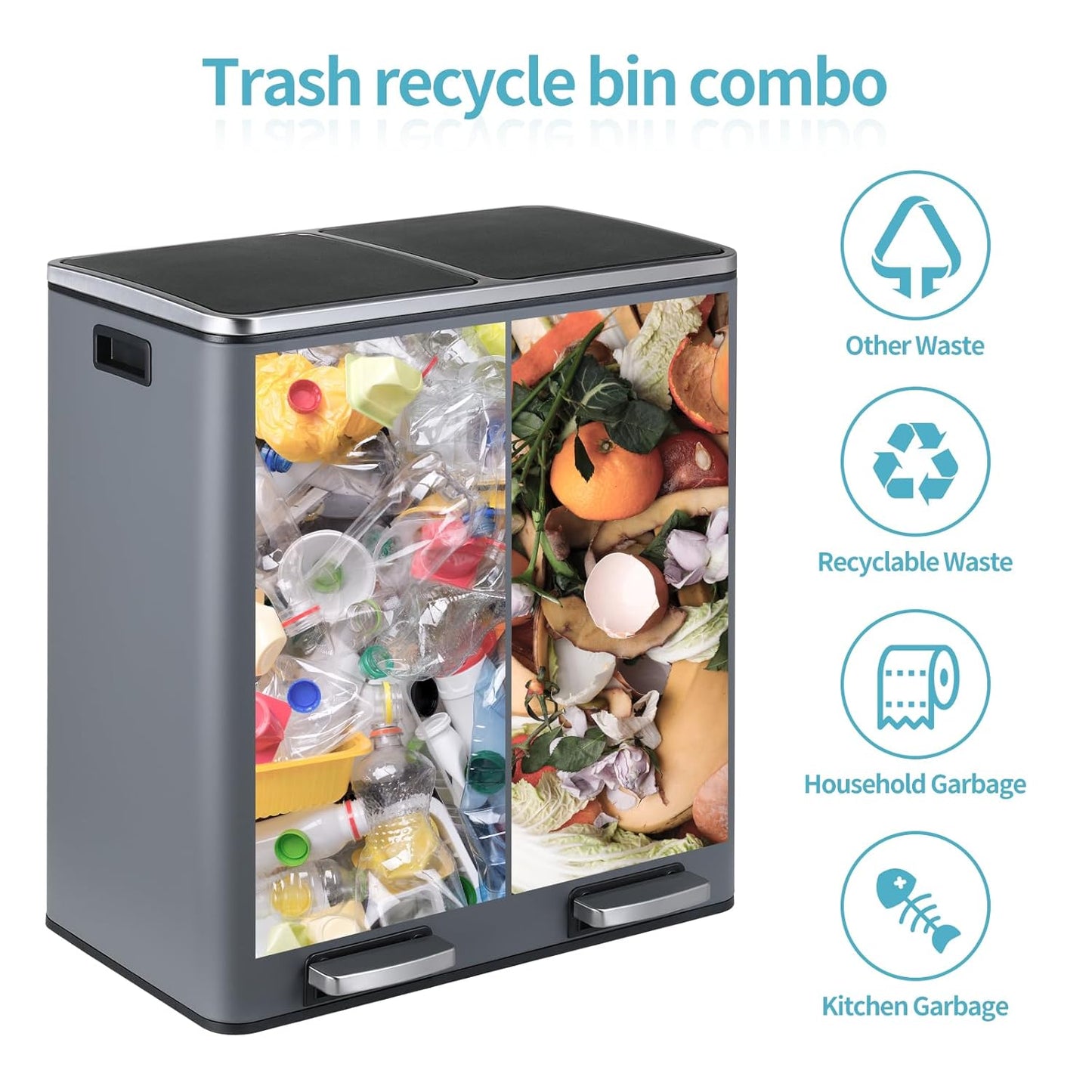 16 Gallon Rectangular Stainless Steel Trash Can, Dual Compartment Garbage Bin with Recycling Combo