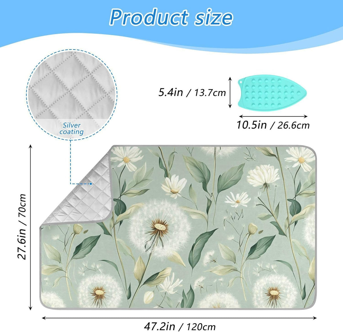 Sage Green Dandelions Flower Ironing Mat for Table top Portable Ironing Pad Blanket for Washer