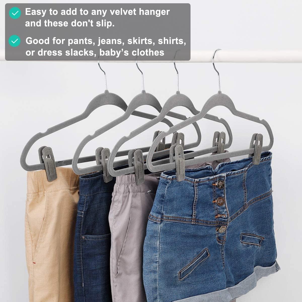 Grey Hanger Clips for Velvet Hangers - 40 PCS Gray Nonslip Velvet Hanger Clips, Skirt Hanger