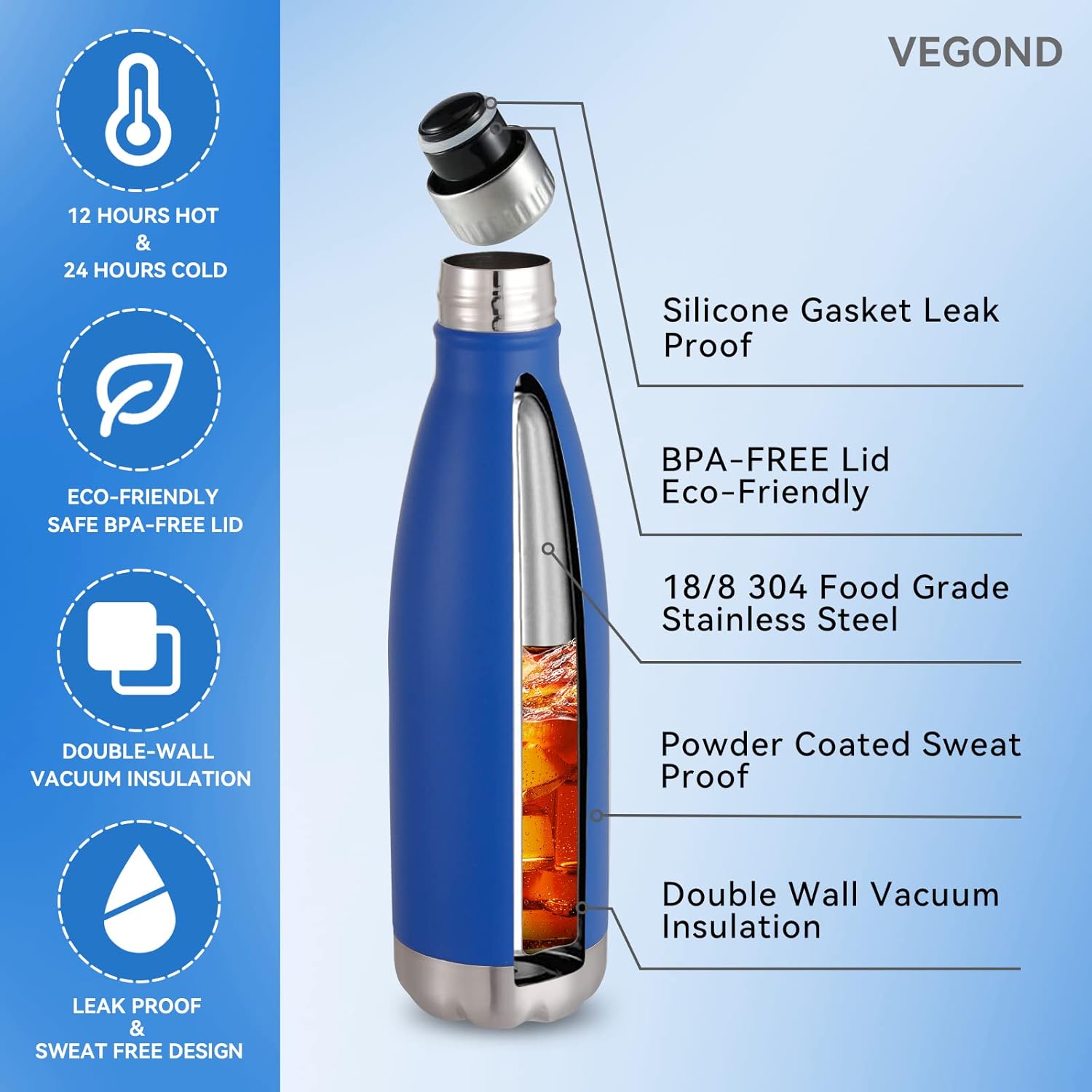 VEGOND 17oz Stainless Steel Water Bottles Bulk, Reusable Metal Sports Water Bottle Keeps Drink Hot
