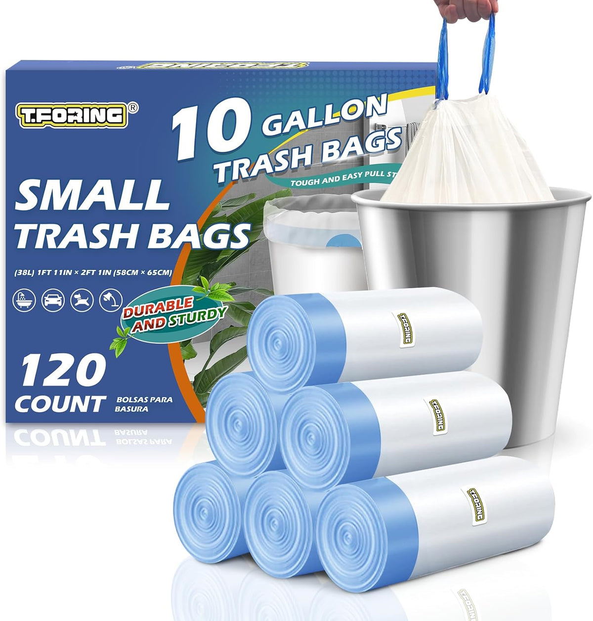 10 Gallon Trash Bags with Drawstring - 120 Count Heavy Duty 1.2 Mil Garbage Bags 38 Liter Unscented