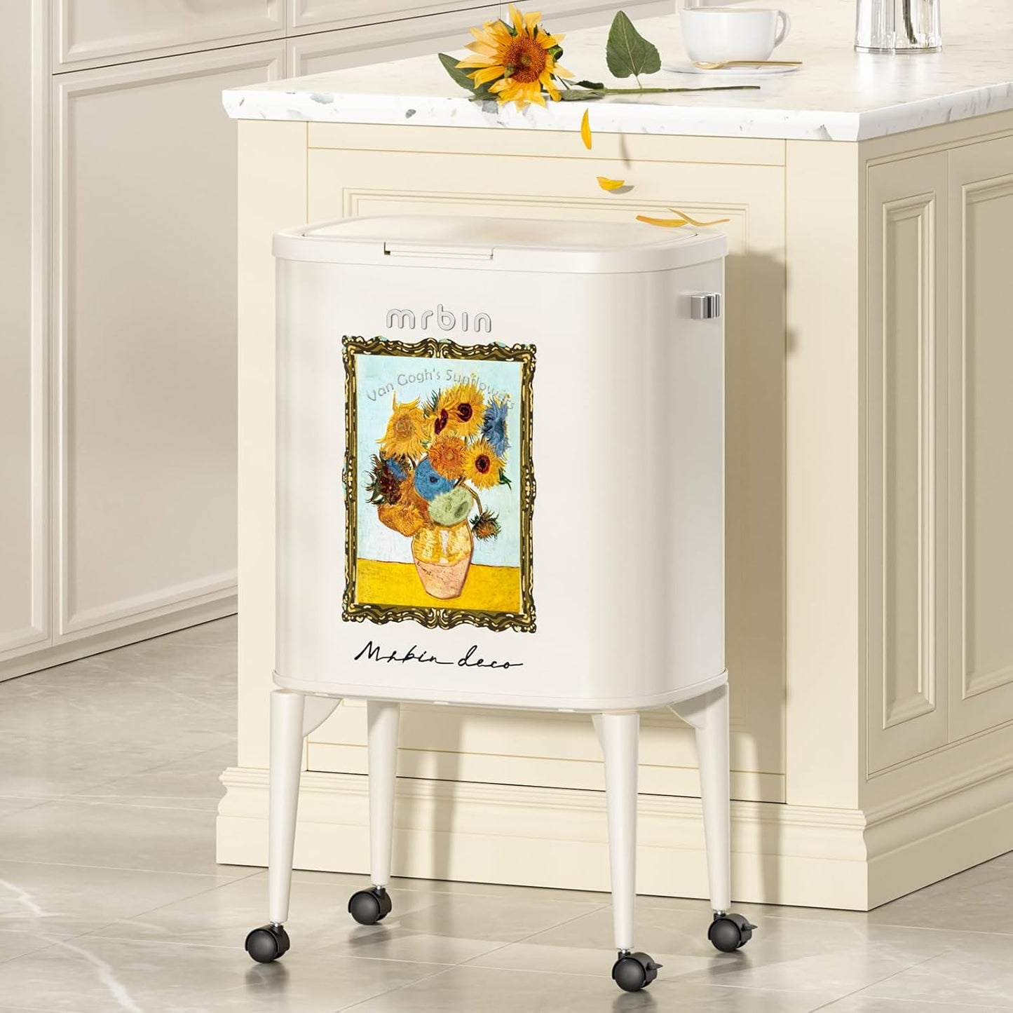 MRBIN Metal Kitchen Trash Can with Wheel Legs, 36L / 9.5gal Medium Press Lid Slim Waste Basket, Pet