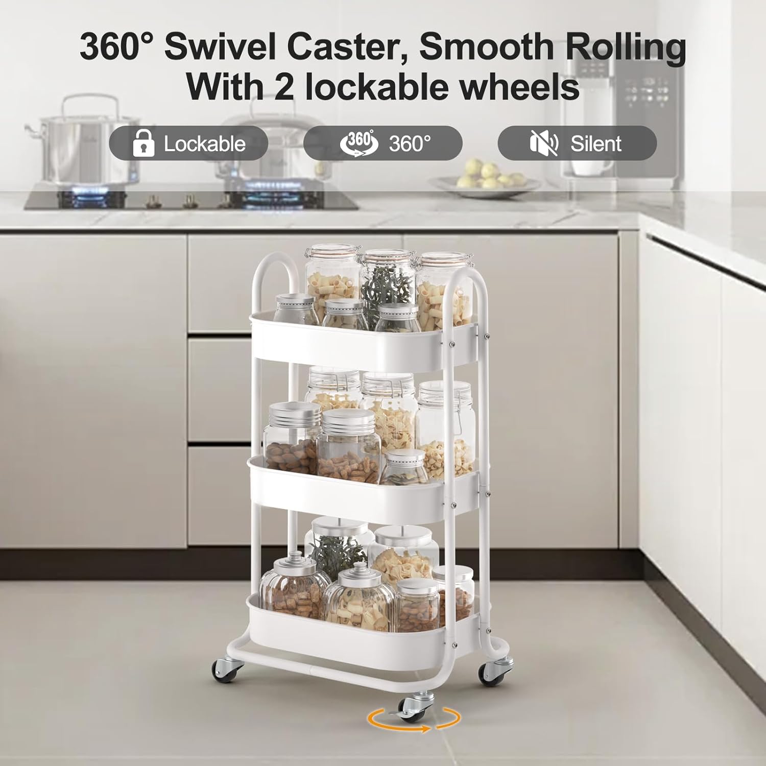 EAGMAK 3 Tier Rolling Cart, Round Metal Utility Cart with Lockable Wheels, Storage Cart Organizer
