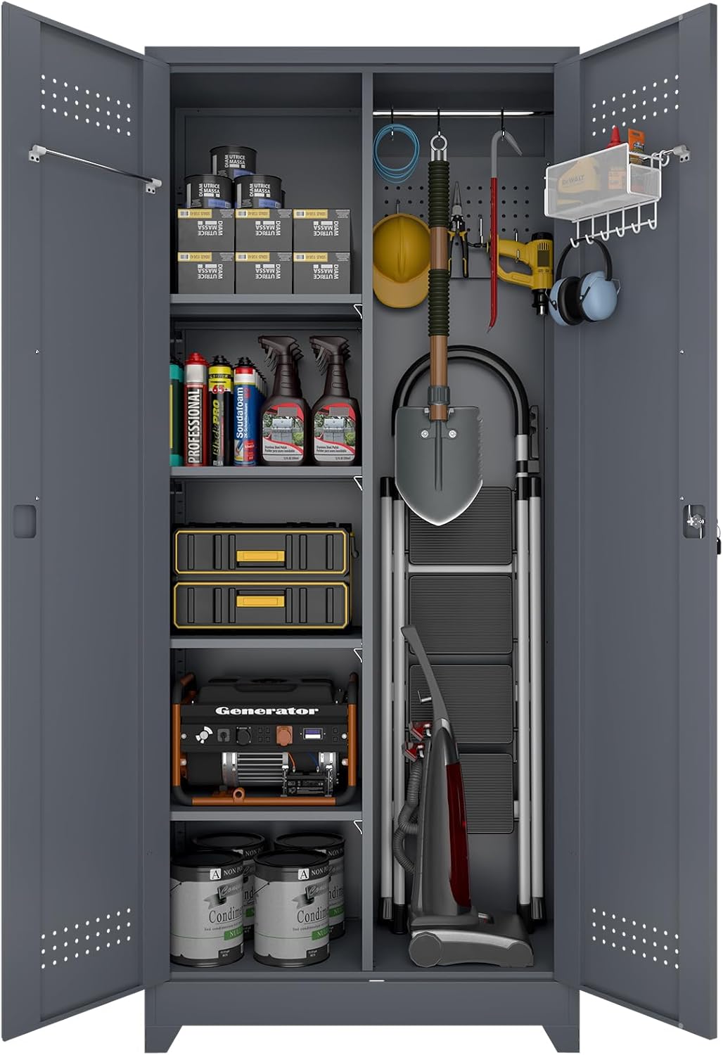 Metal Tool Storage Cabinet, Broom Closet with Hooks, 72.8" Tall Garage Cabinet with Shelves