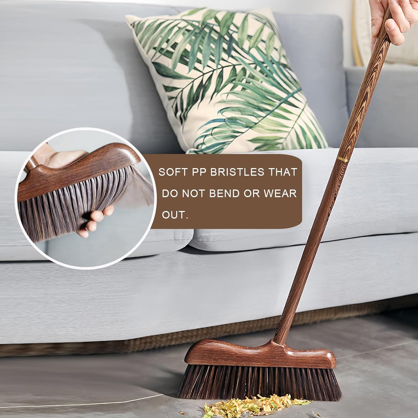 Wood Angle Broom – 44.8” Wooden Handle Compact Brooms for Indoor Kitchen – Soft PP Bristles