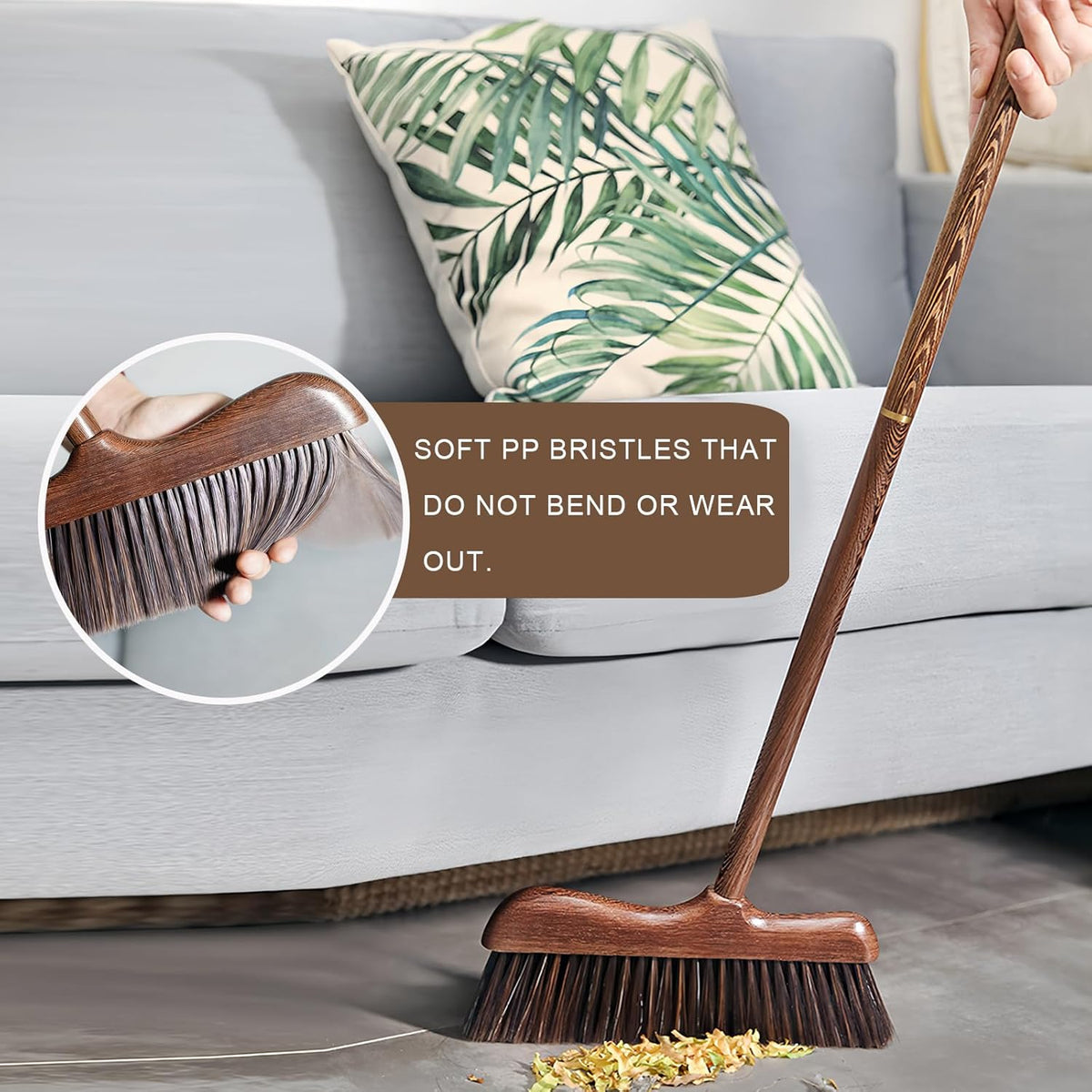Wood Angle Broom – 44.8” Wooden Handle Compact Brooms for Indoor Kitchen – Soft PP Bristles