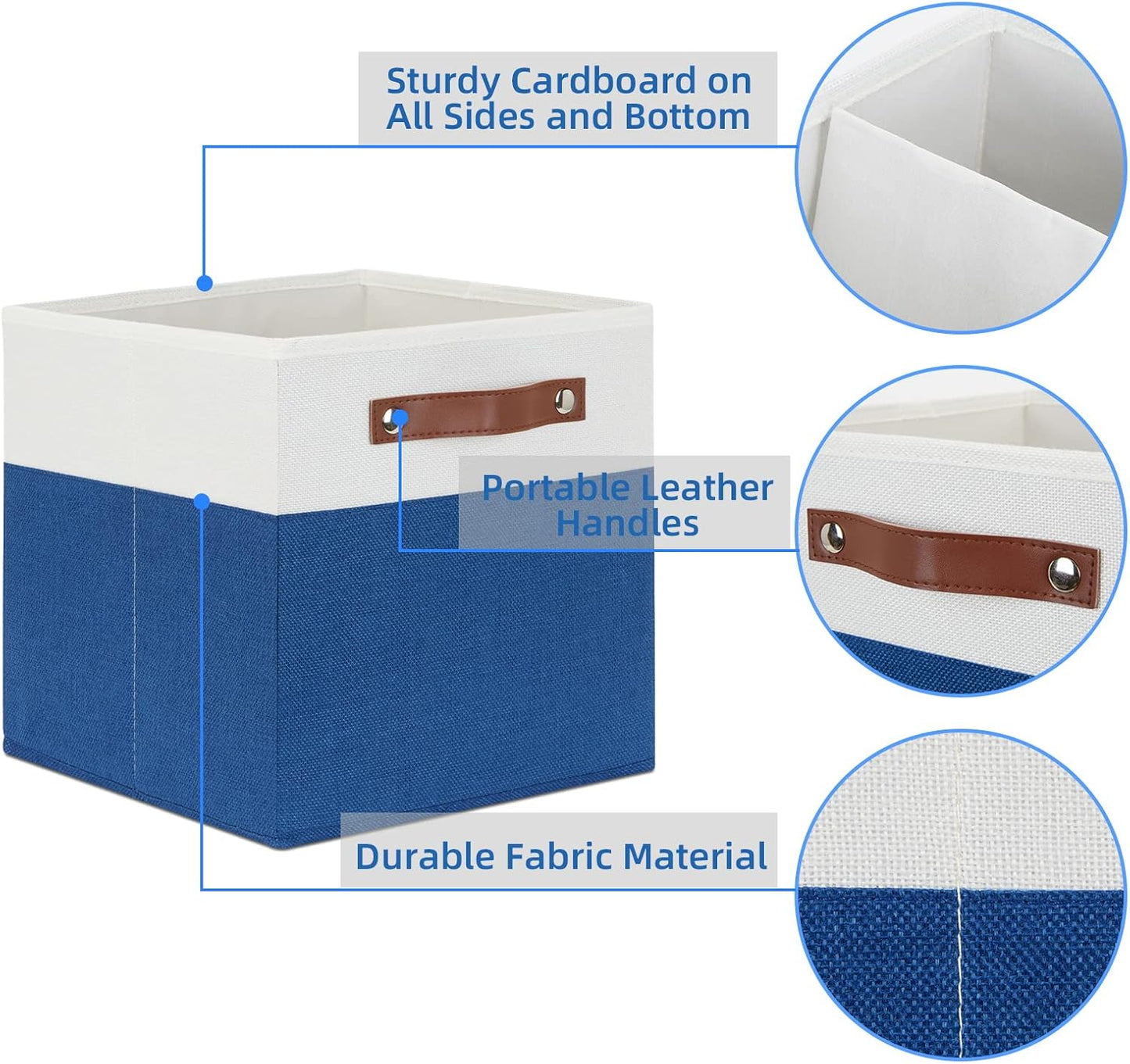 Temary 11 Storage Cube Bins for Shelves, Closet - 4 Pack Fabric Baskets With Leather Handles (White