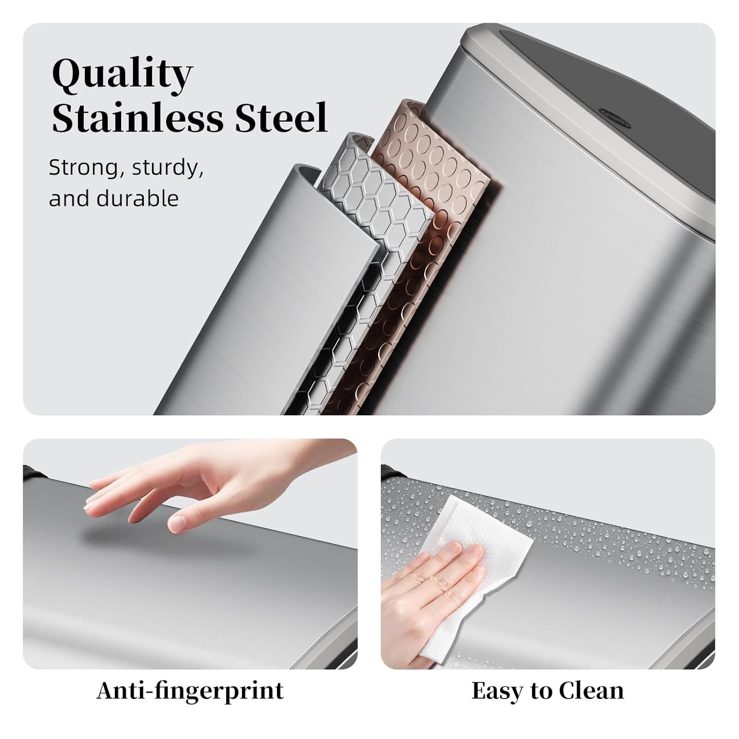2.1 Gallon Bathroom Trash Can with Lid Press Top, 8 Liter Stainless Steel Garbage Can with Press