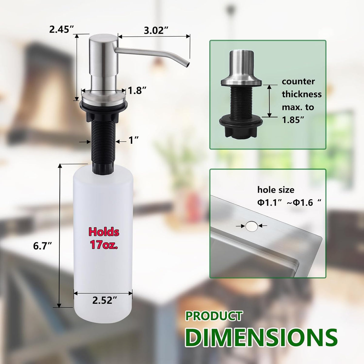 Built in Soap Dispenser for Kitchen Sink, Stainless Steel Brushed Nickel Countertop Pump Head, Dish